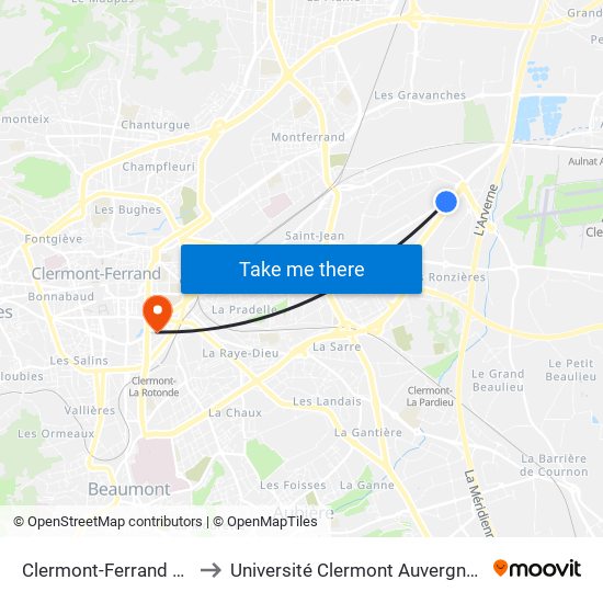 Clermont-Ferrand Jules Verne to Université Clermont Auvergne - Site Gergovia map