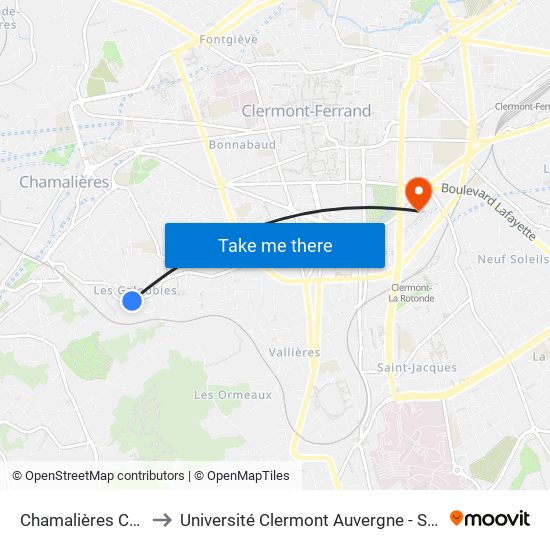 Chamalières Combes to Université Clermont Auvergne - Site Gergovia map