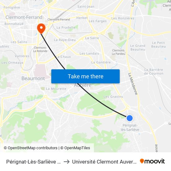 Pérignat-Lès-Sarliève Sounely Gravins to Université Clermont Auvergne - Site Gergovia map