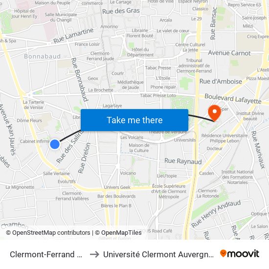 Clermont-Ferrand Régensburg to Université Clermont Auvergne - Site Gergovia map