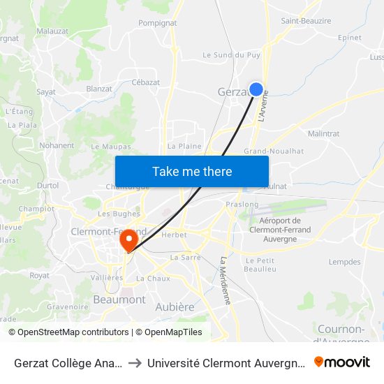 Gerzat Collège Anatole France to Université Clermont Auvergne - Site Gergovia map