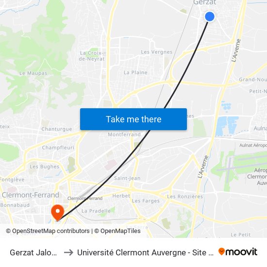 Gerzat Jaloustre to Université Clermont Auvergne - Site Gergovia map