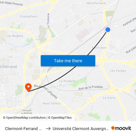 Clermont-Ferrand Pont St Jean to Université Clermont Auvergne - Site Gergovia map