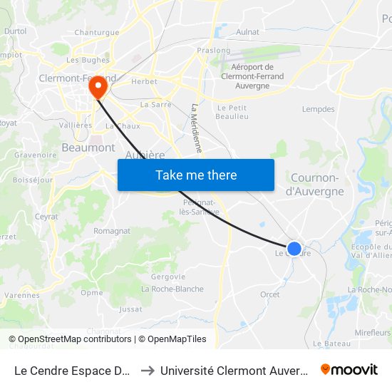 Le Cendre Espace Des Marronniers to Université Clermont Auvergne - Site Gergovia map