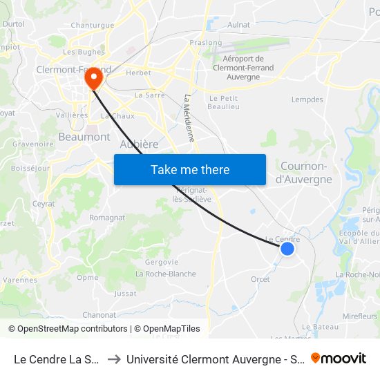 Le Cendre La Saunière to Université Clermont Auvergne - Site Gergovia map