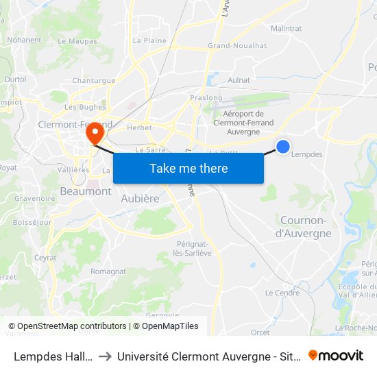 Lempdes Hallstadt to Université Clermont Auvergne - Site Gergovia map