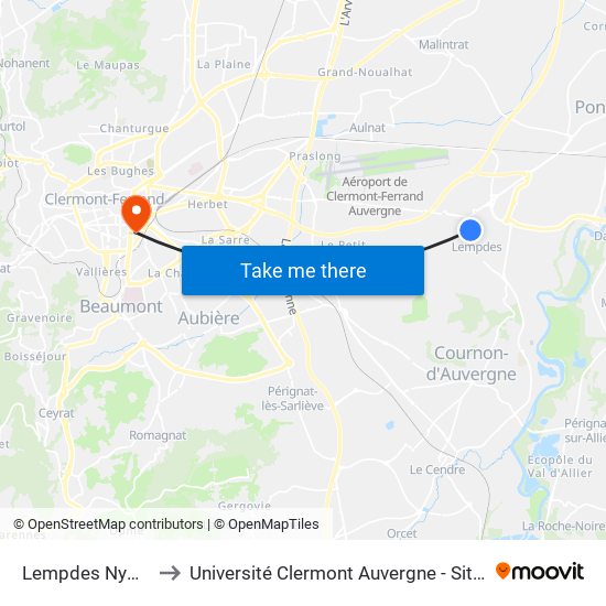 Lempdes Nymphea to Université Clermont Auvergne - Site Gergovia map