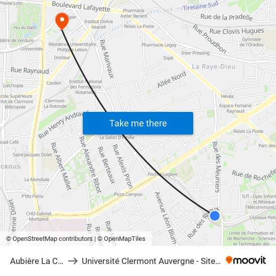 Aubière La Chaux to Université Clermont Auvergne - Site Gergovia map