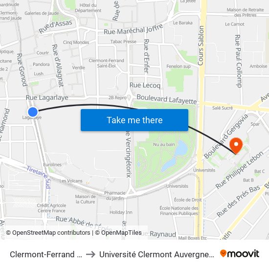 Clermont-Ferrand Lagarlaye to Université Clermont Auvergne - Site Gergovia map
