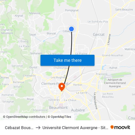 Cébazat Boussadet to Université Clermont Auvergne - Site Gergovia map