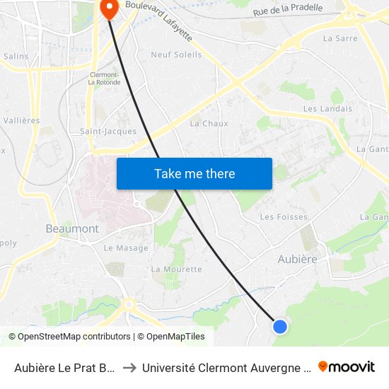 Aubière Le Prat Bâtiment A to Université Clermont Auvergne - Site Gergovia map