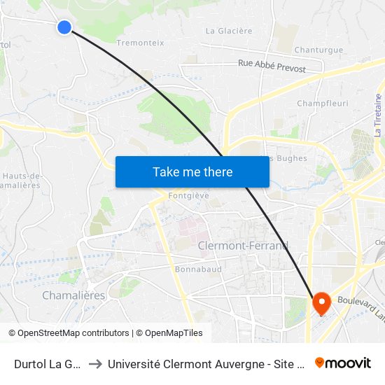 Durtol La Grave to Université Clermont Auvergne - Site Gergovia map