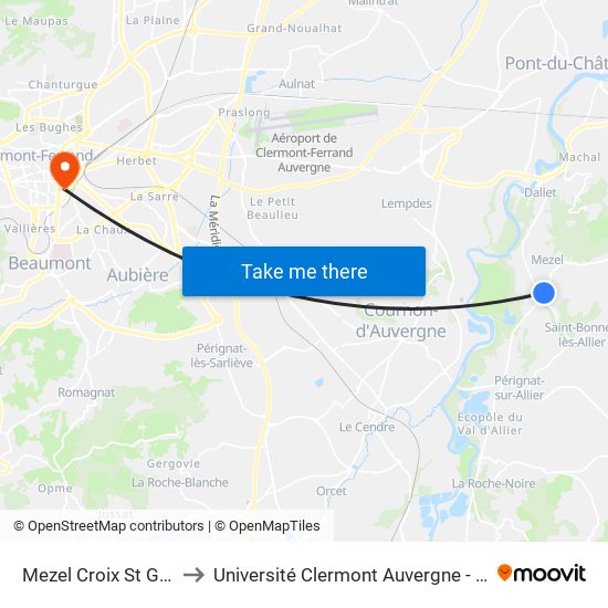 Mezel Croix St Guillaume to Université Clermont Auvergne - Site Gergovia map