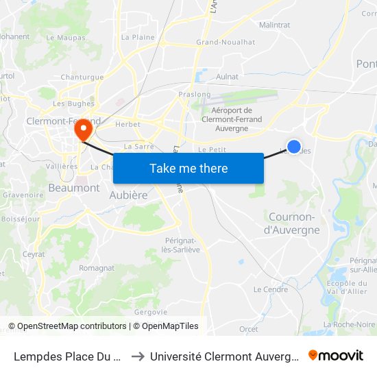 Lempdes Place Du Poids De Ville to Université Clermont Auvergne - Site Gergovia map
