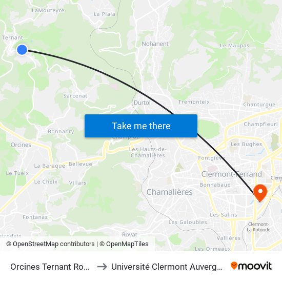 Orcines Ternant Route D'Orcines to Université Clermont Auvergne - Site Gergovia map