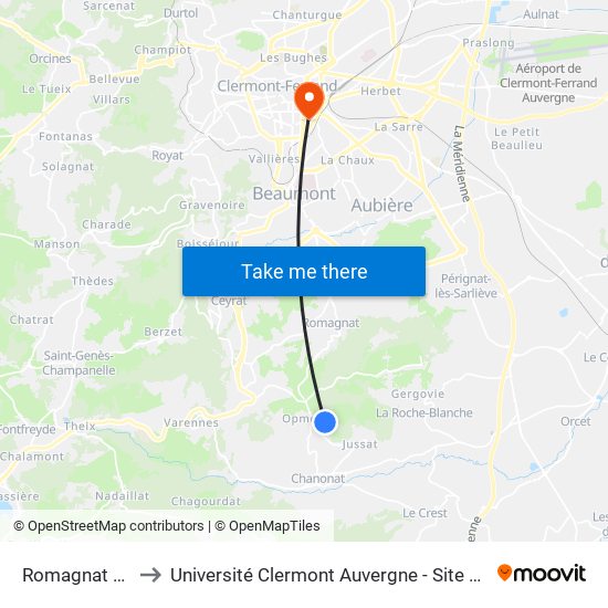 Romagnat Erea to Université Clermont Auvergne - Site Gergovia map