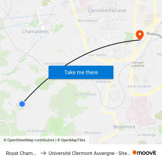 Royat Champlong to Université Clermont Auvergne - Site Gergovia map