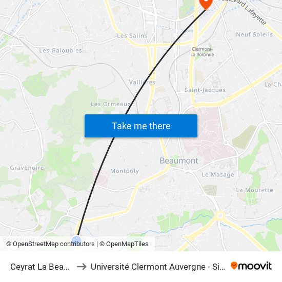 Ceyrat La Beaumière to Université Clermont Auvergne - Site Gergovia map