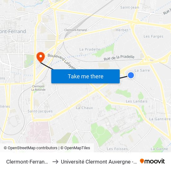 Clermont-Ferrand Oradou to Université Clermont Auvergne - Site Gergovia map