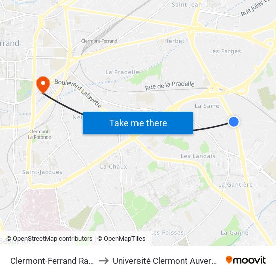 Clermont-Ferrand Rassat Courtiaux to Université Clermont Auvergne - Site Gergovia map