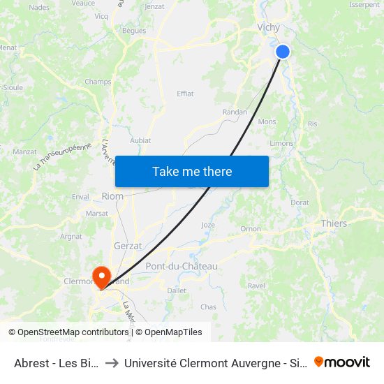 Abrest - Les Biernets to Université Clermont Auvergne - Site Gergovia map