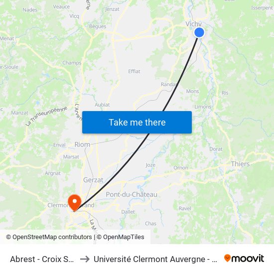 Abrest - Croix St Martin to Université Clermont Auvergne - Site Gergovia map