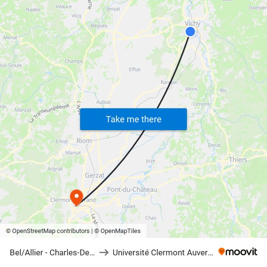 Bel/Allier - Charles-De-Gaulle Bellerive to Université Clermont Auvergne - Site Gergovia map