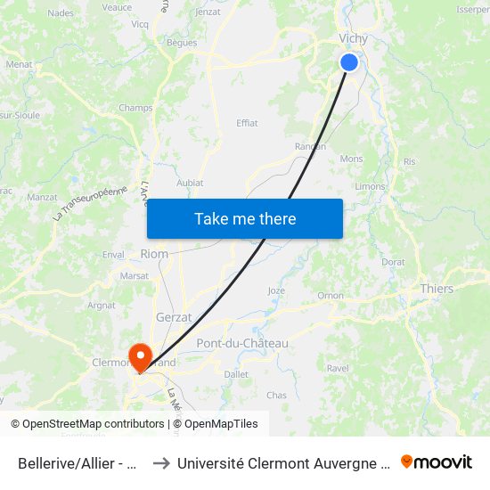 Bellerive/Allier - Mesanges to Université Clermont Auvergne - Site Gergovia map