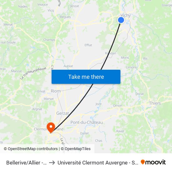 Bellerive/Allier - Mairie to Université Clermont Auvergne - Site Gergovia map