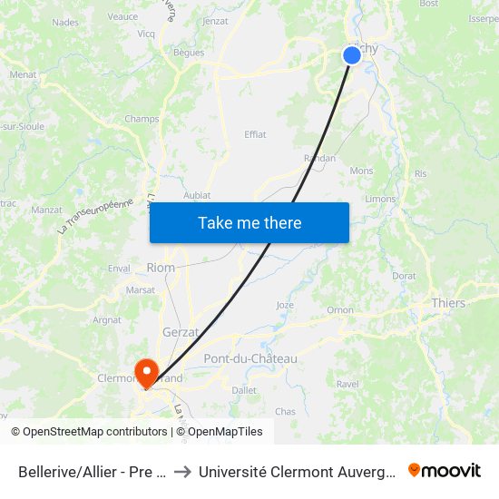 Bellerive/Allier - Pre Des Rauches to Université Clermont Auvergne - Site Gergovia map