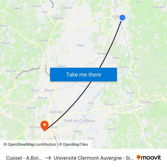 Cusset - A.Boisselier to Université Clermont Auvergne - Site Gergovia map