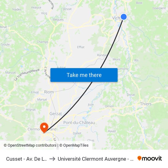 Cusset - Av. De L'Europe to Université Clermont Auvergne - Site Gergovia map