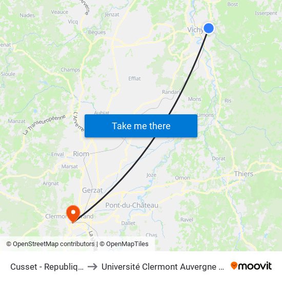 Cusset - Republique Poste to Université Clermont Auvergne - Site Gergovia map