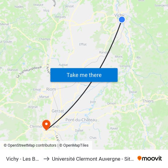 Vichy - Les Bourins to Université Clermont Auvergne - Site Gergovia map