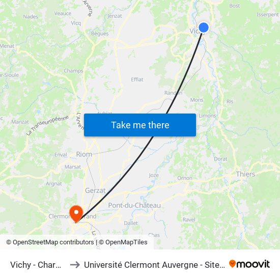 Vichy - Charmilles to Université Clermont Auvergne - Site Gergovia map