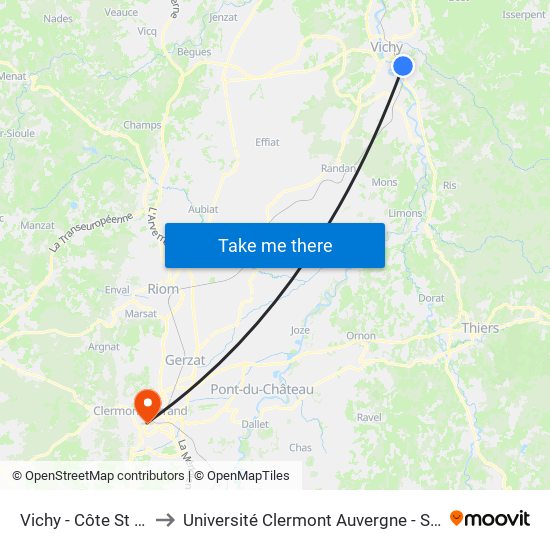 Vichy - Côte St Amand to Université Clermont Auvergne - Site Gergovia map