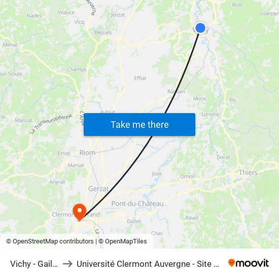 Vichy - Gaillard to Université Clermont Auvergne - Site Gergovia map