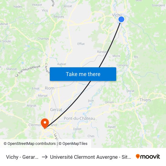 Vichy - Gerardmer to Université Clermont Auvergne - Site Gergovia map