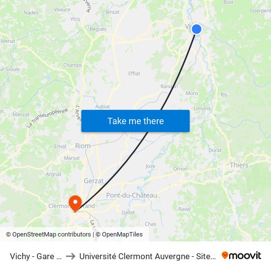 Vichy - Gare Sncf to Université Clermont Auvergne - Site Gergovia map