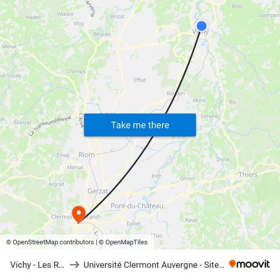 Vichy - Les Roses to Université Clermont Auvergne - Site Gergovia map