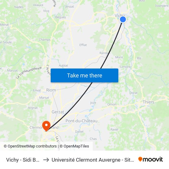 Vichy - Sidi Brahim to Université Clermont Auvergne - Site Gergovia map