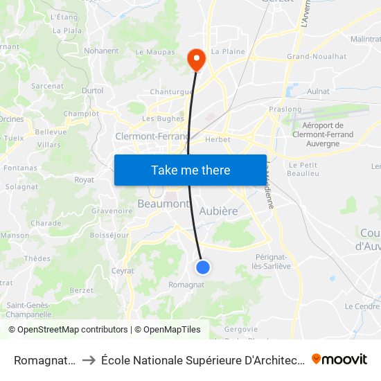 Romagnat Bellevue to École Nationale Supérieure D'Architecture De Clermont-Ferrand map