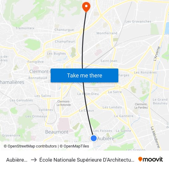 Aubière Casati to École Nationale Supérieure D'Architecture De Clermont-Ferrand map