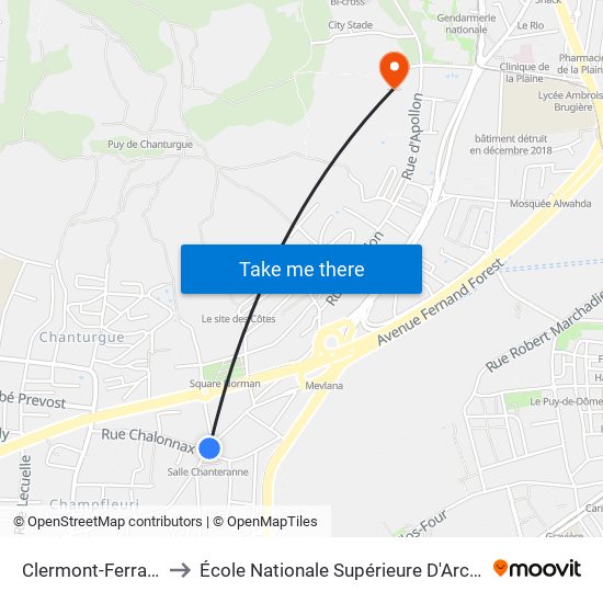 Clermont-Ferrand Chanteranne to École Nationale Supérieure D'Architecture De Clermont-Ferrand map