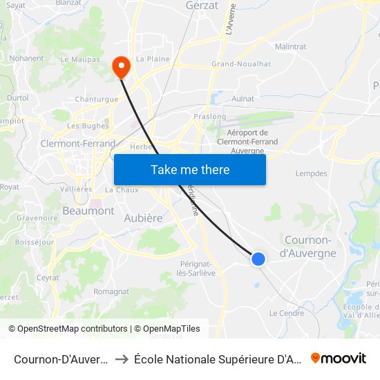 Cournon-D'Auvergne Chaux Blanche to École Nationale Supérieure D'Architecture De Clermont-Ferrand map
