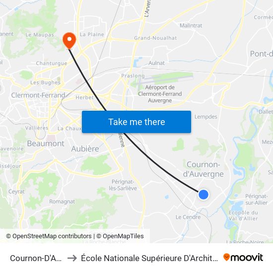 Cournon-D'Auvergne Lac to École Nationale Supérieure D'Architecture De Clermont-Ferrand map
