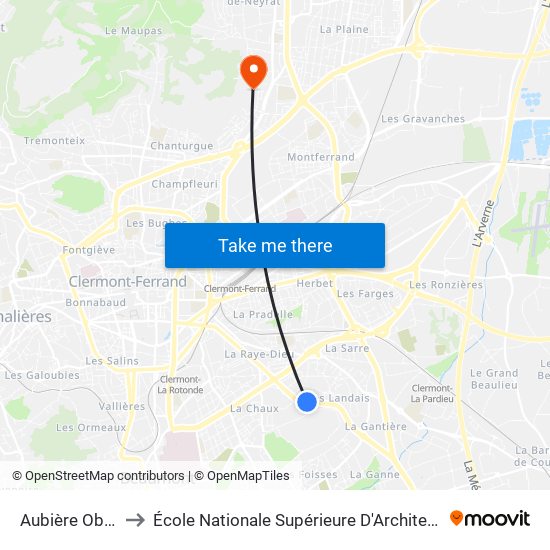 Aubière Observatoire to École Nationale Supérieure D'Architecture De Clermont-Ferrand map