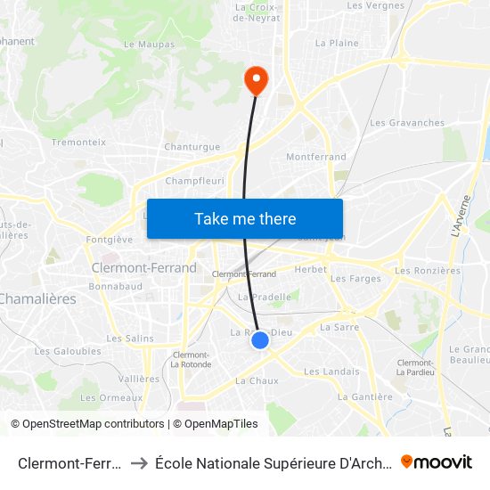 Clermont-Ferrand Raye Dieu to École Nationale Supérieure D'Architecture De Clermont-Ferrand map