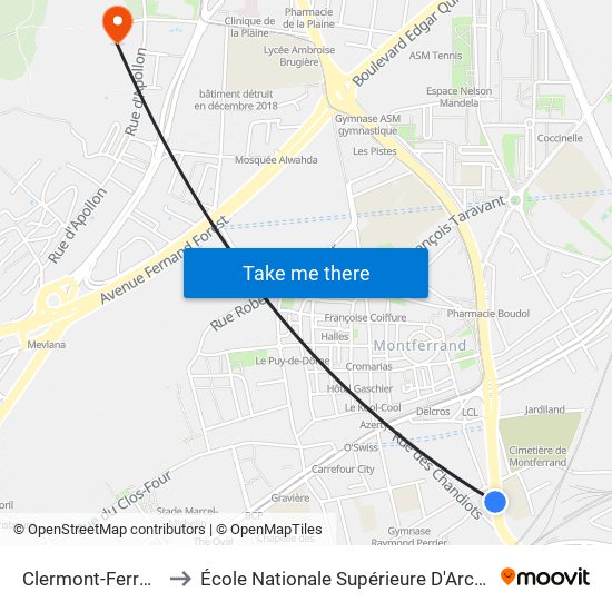 Clermont-Ferrand Gravanches to École Nationale Supérieure D'Architecture De Clermont-Ferrand map