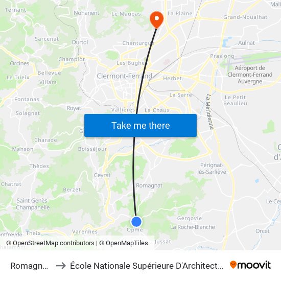 Romagnat Opme to École Nationale Supérieure D'Architecture De Clermont-Ferrand map